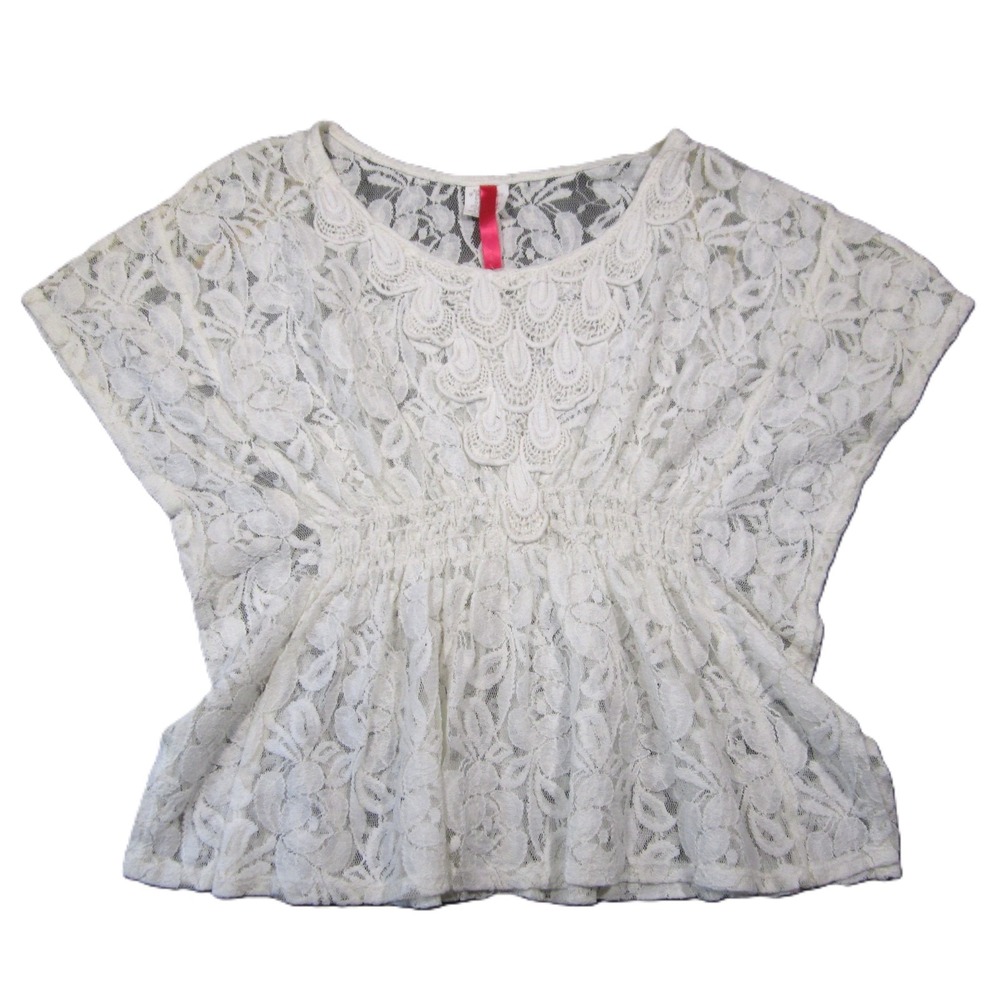 Vtg Floral Lace Crop Top  M Ivory Pullover Peplum Short Sleeve Boho‎ Cottage 90s